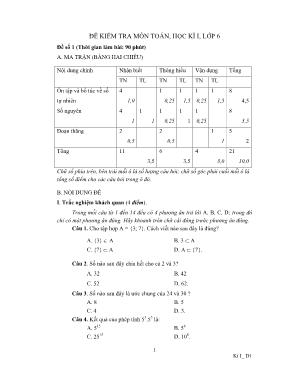 Đề kiểm tra môn Toán, học kì I, lớp 6 - Đề số 2